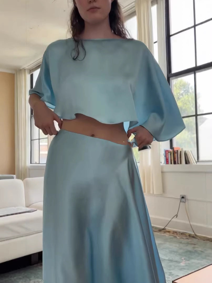 Solid color satin long skirt suit
