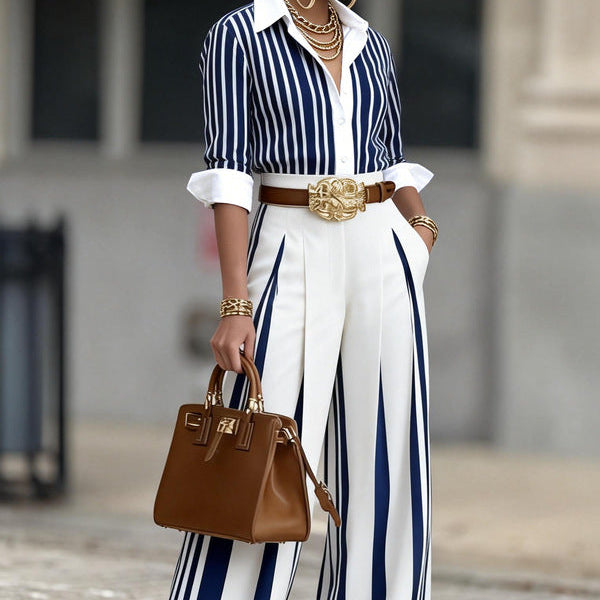 Casual striped shirt and slim-fit color-blocked trousers