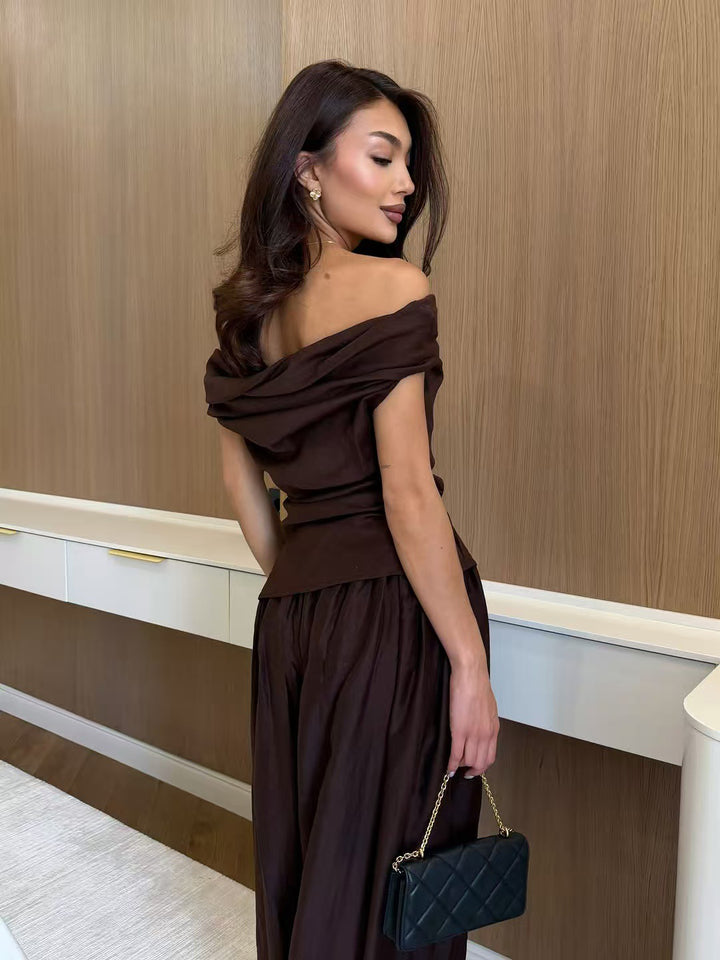 Breathable off-shoulder draped top and jogger pants set
