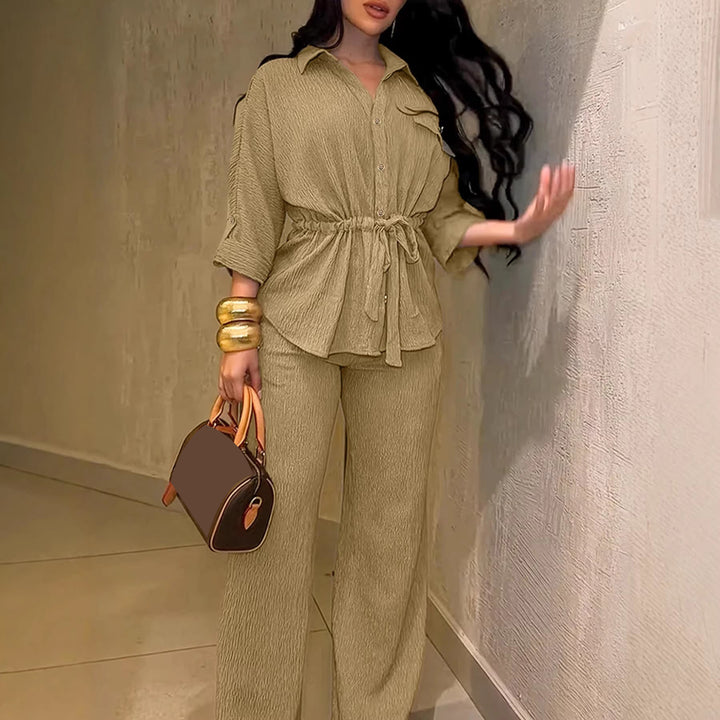 Drawstring top and elastic waist wide-leg pants set