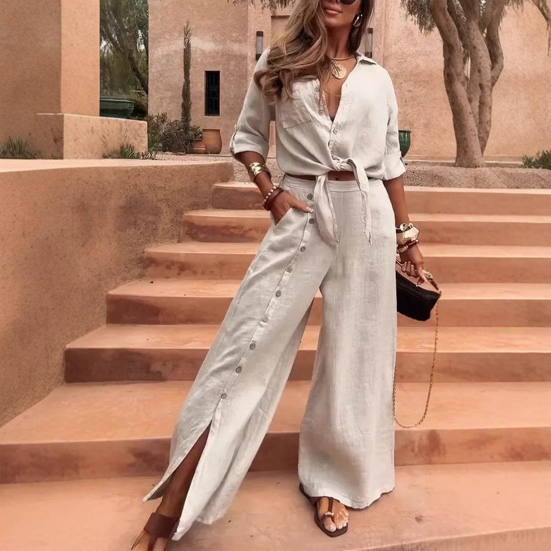 V-neck asymmetrical top and pants two-piece set