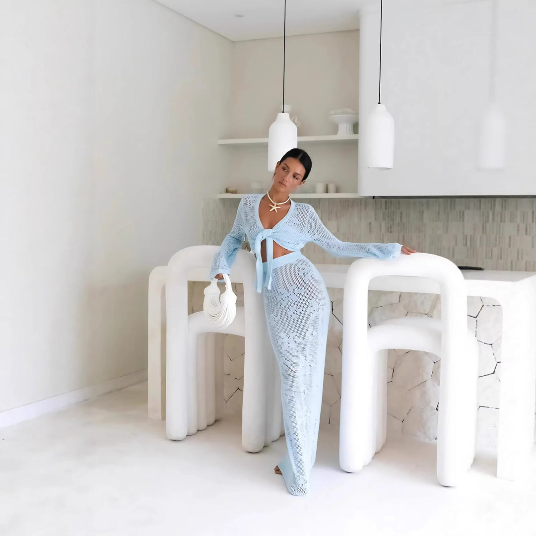 Hollow-out knit long-sleeved skirt two-piece set