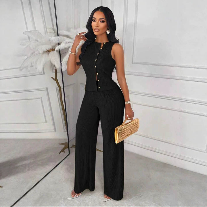 Sleeveless design top and straight-leg pants two-piece set