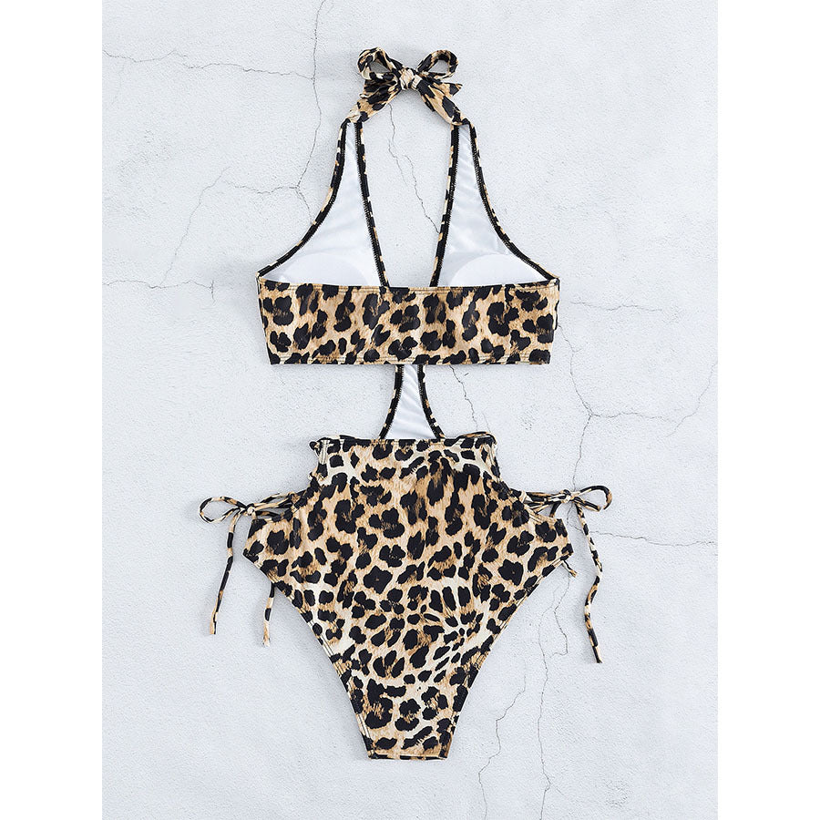 Leopard print halter one-piece swimsuit