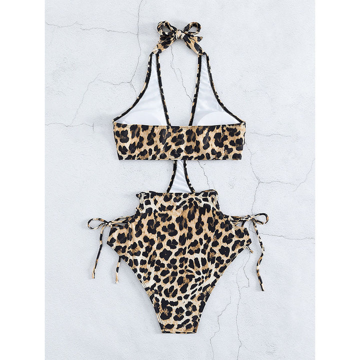 Leopard print halter one-piece swimsuit