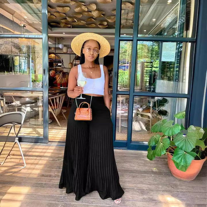 Women's Elastic Waist Pleated Wide-Leg Pants