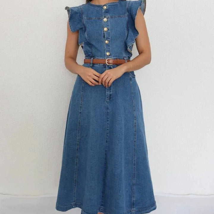 Cinched waist, ruffled sleeves, button-down denim skirt