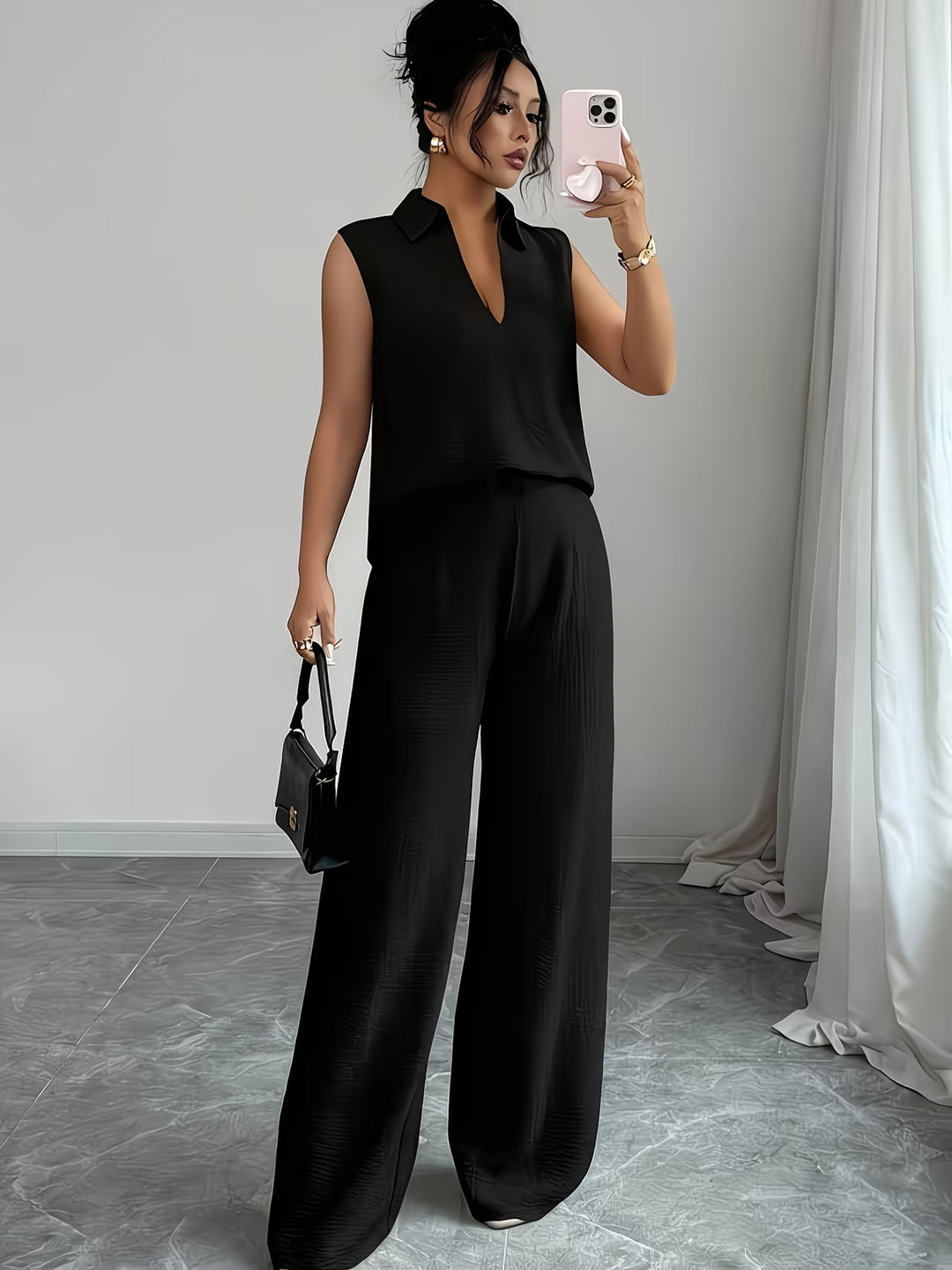 V-neck sleeveless top and loose straight-leg pants set
