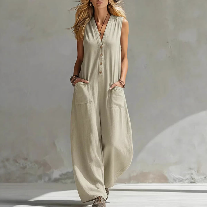 Double-pocket casual linen cotton sleeveless jumpsuit