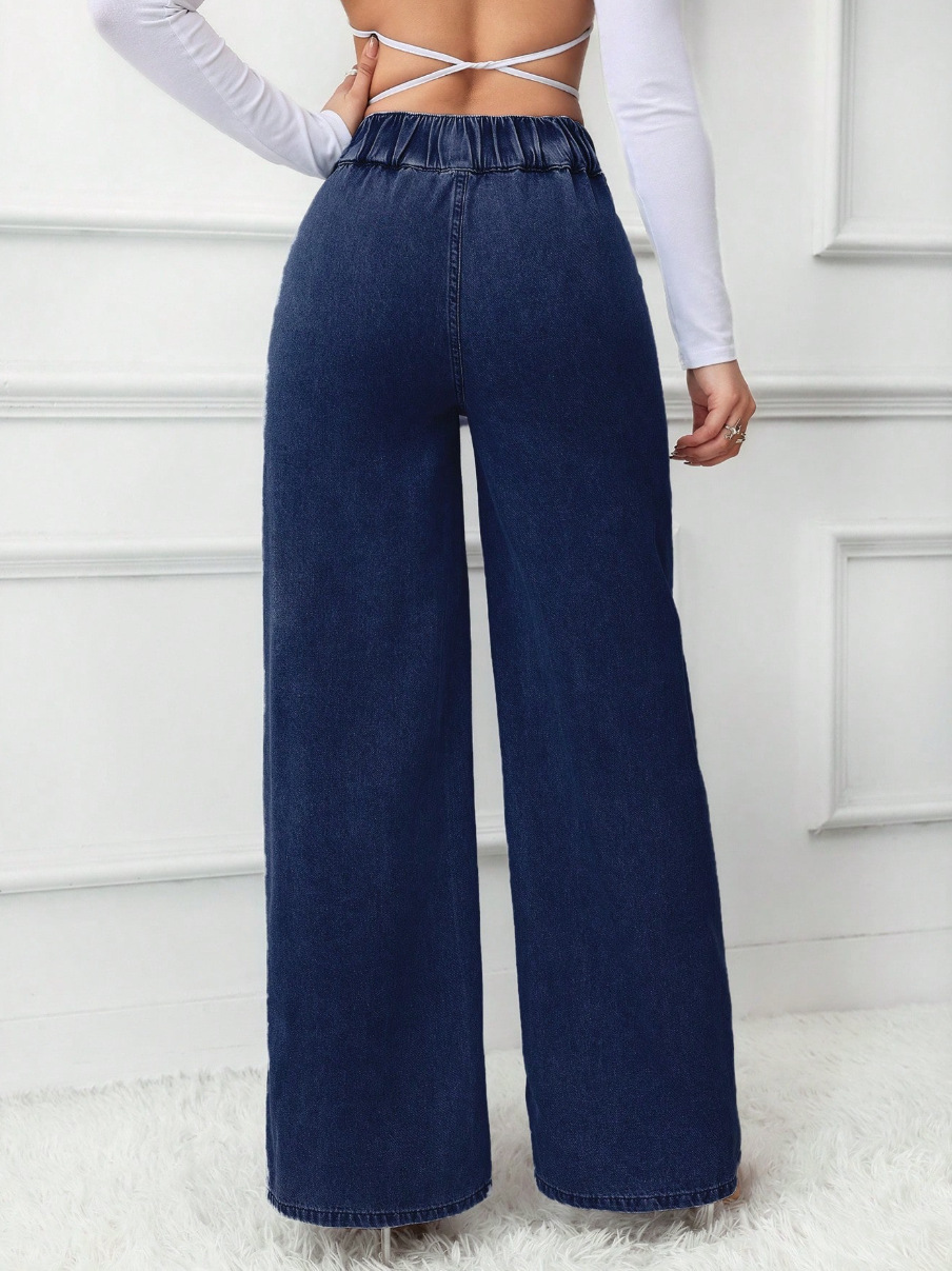 High-waisted double-button straight leg jeans