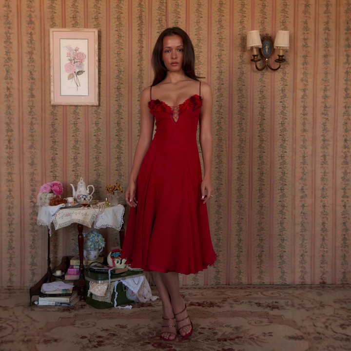 3D floral deep V dress