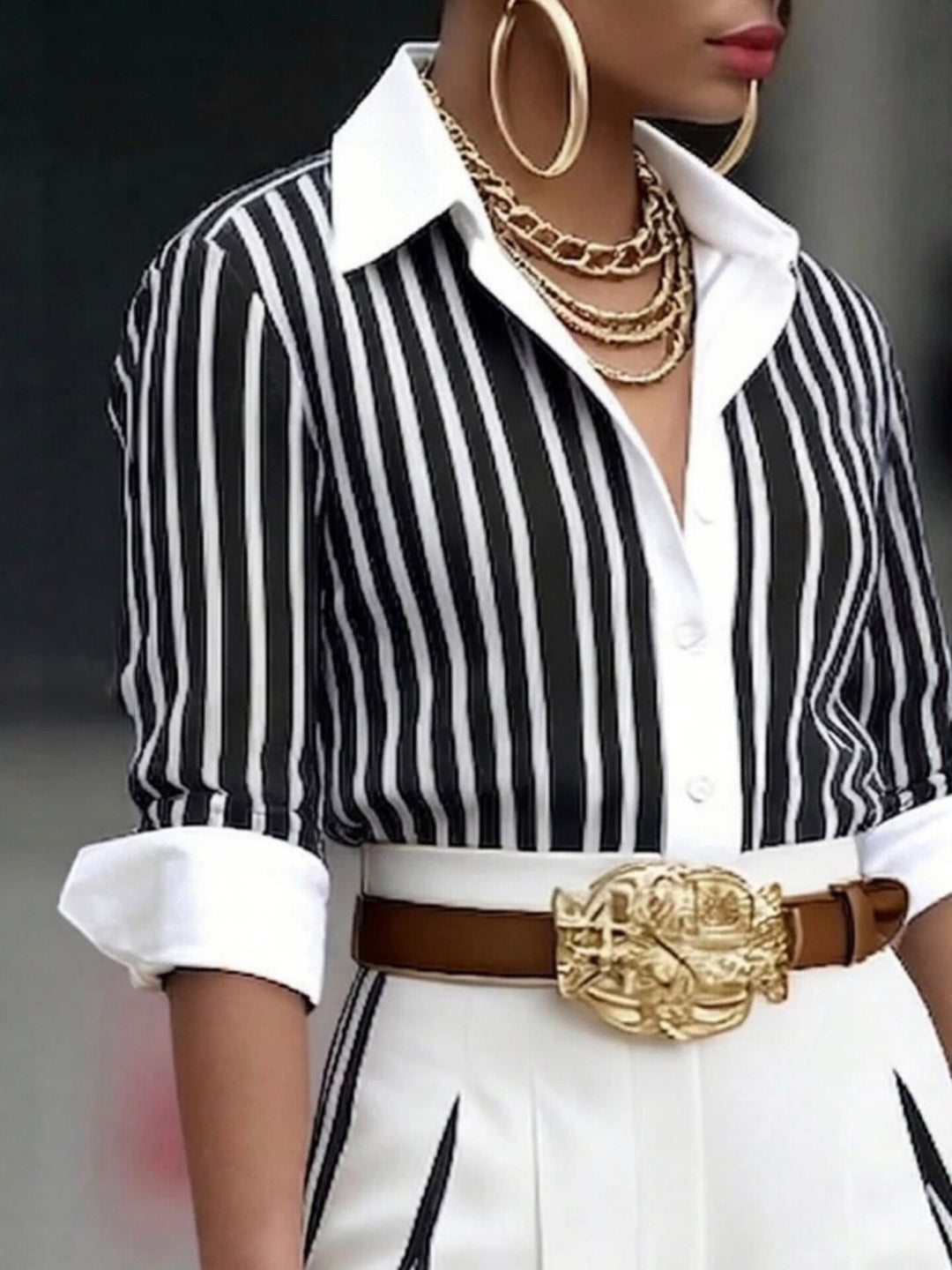 Casual striped shirt and slim-fit color-blocked trousers