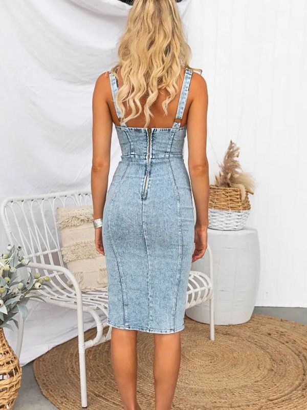 U-neck denim suspender dress