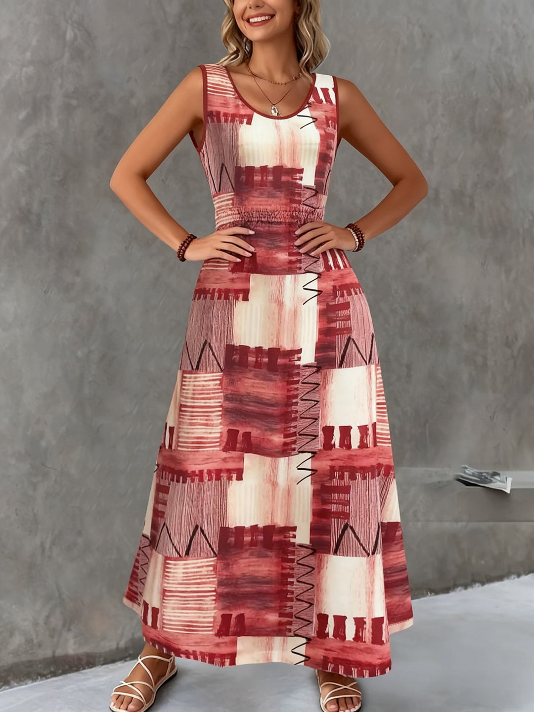 Printed round neck long sleeveless dress