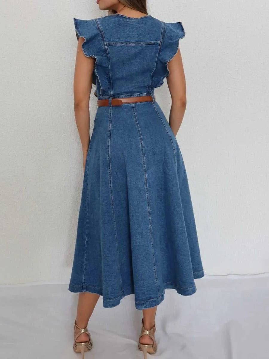 Cinched waist, ruffled sleeves, button-down denim skirt