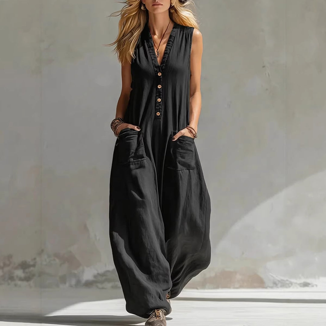 Double-pocket casual linen cotton sleeveless jumpsuit