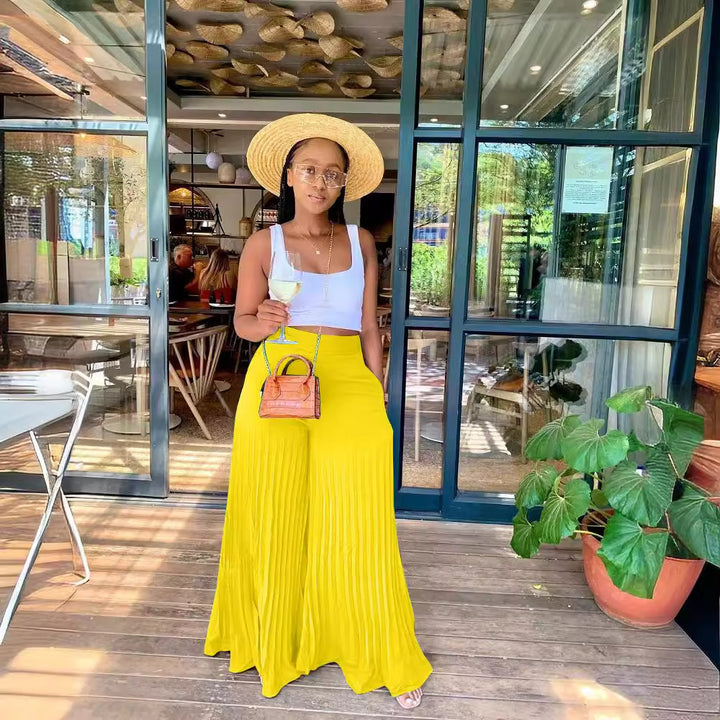 Women's Elastic Waist Pleated Wide-Leg Pants