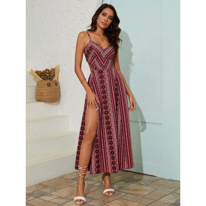 Printed backless halter-neck slit resort dress
