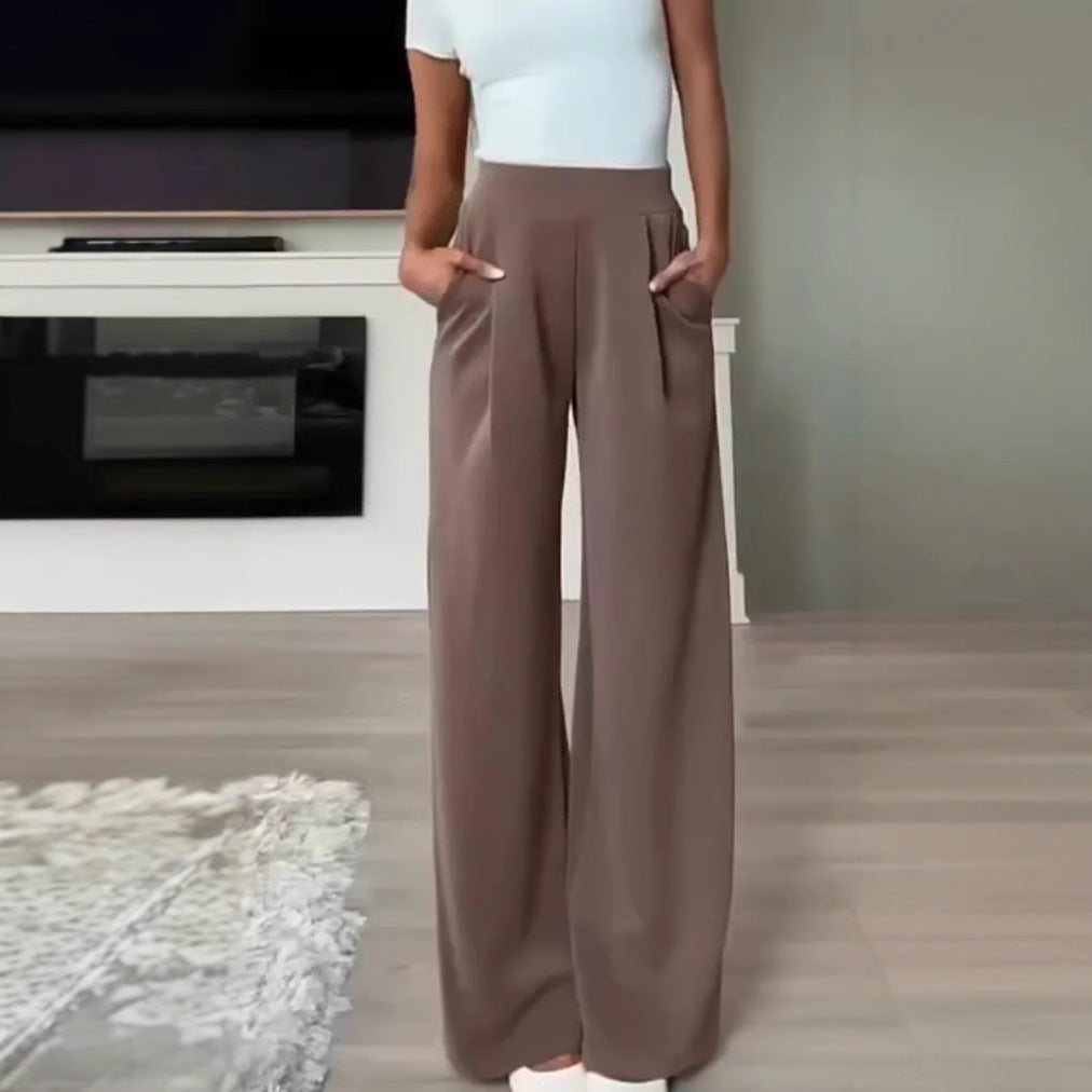 Flowy high-waisted casual loose pocket trousers