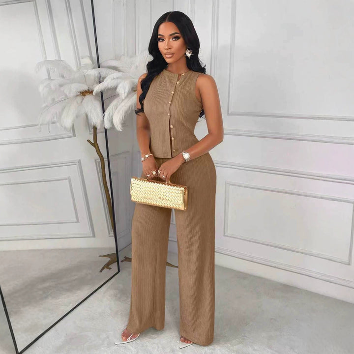 Sleeveless design top and straight-leg pants two-piece set