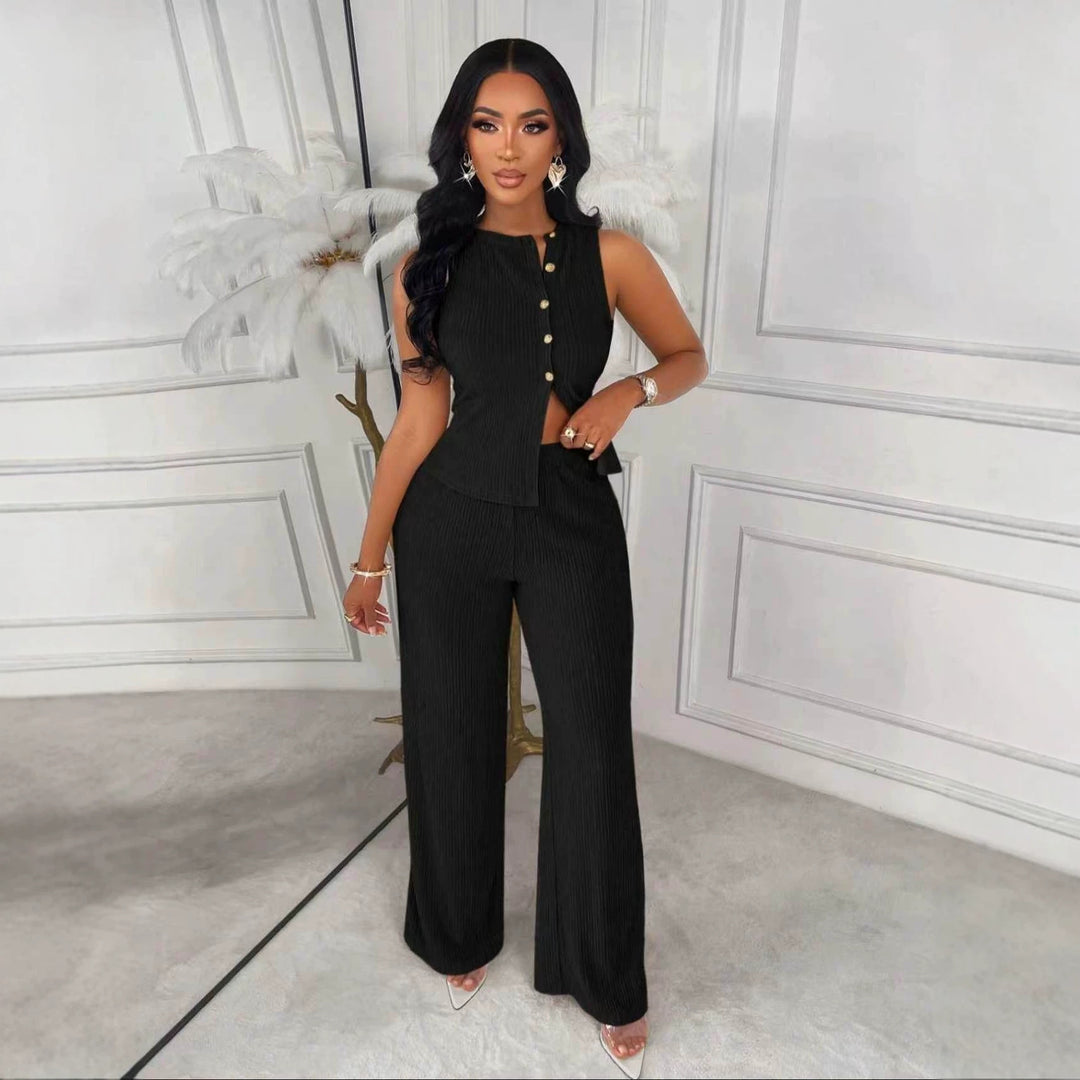 Sleeveless design top and straight-leg pants two-piece set