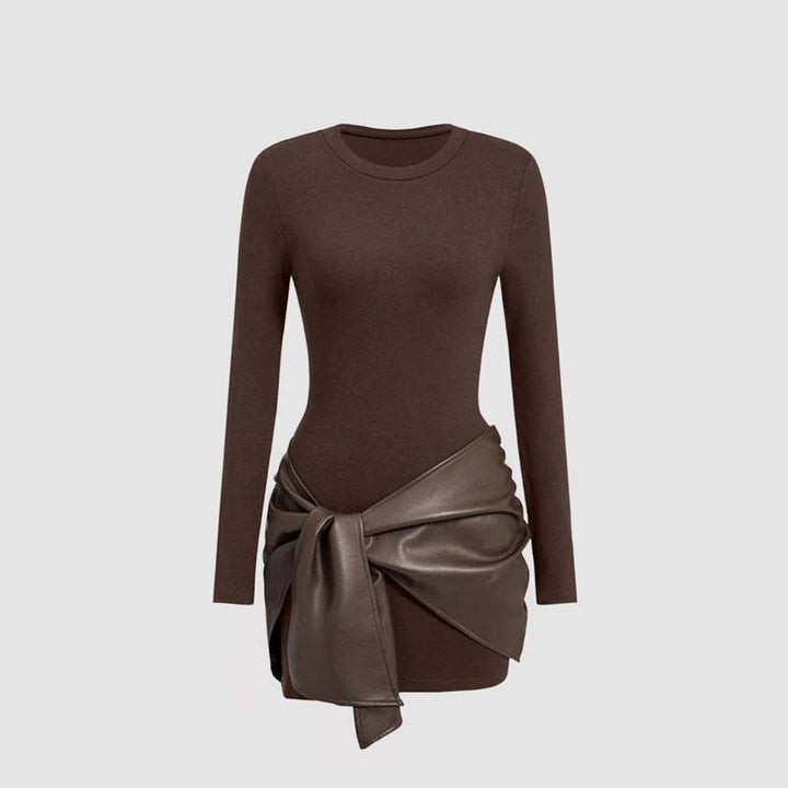 Solid color leather patchwork tight long-sleeved dress