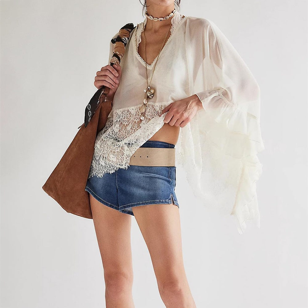 Batwing sleeve mesh and lace cover-up