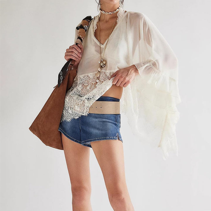 Batwing sleeve mesh and lace cover-up