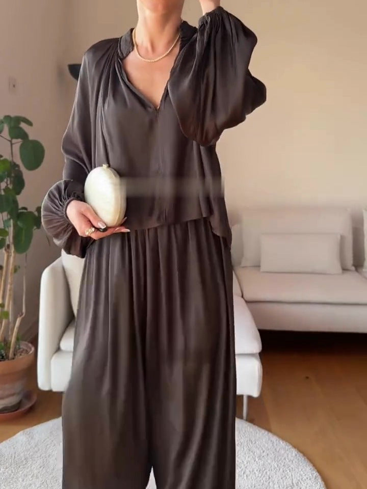 Breathable V-neck chiffon blouse and lantern pants two-piece set