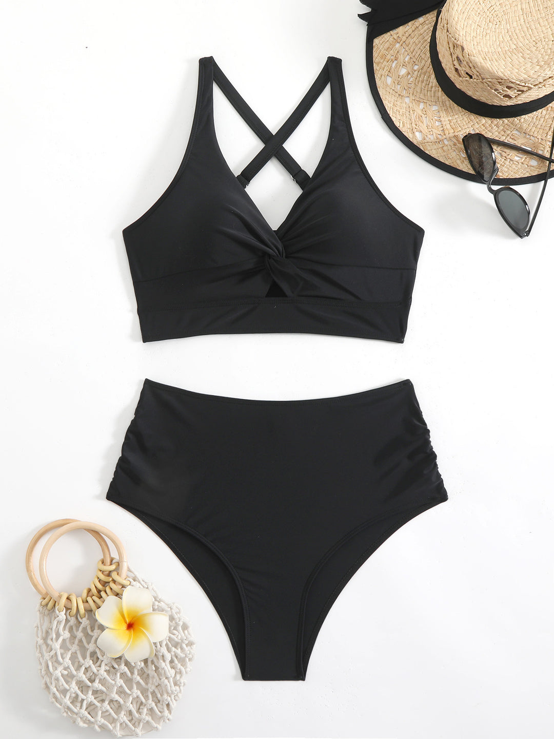 High-waisted solid color beach swimsuit set