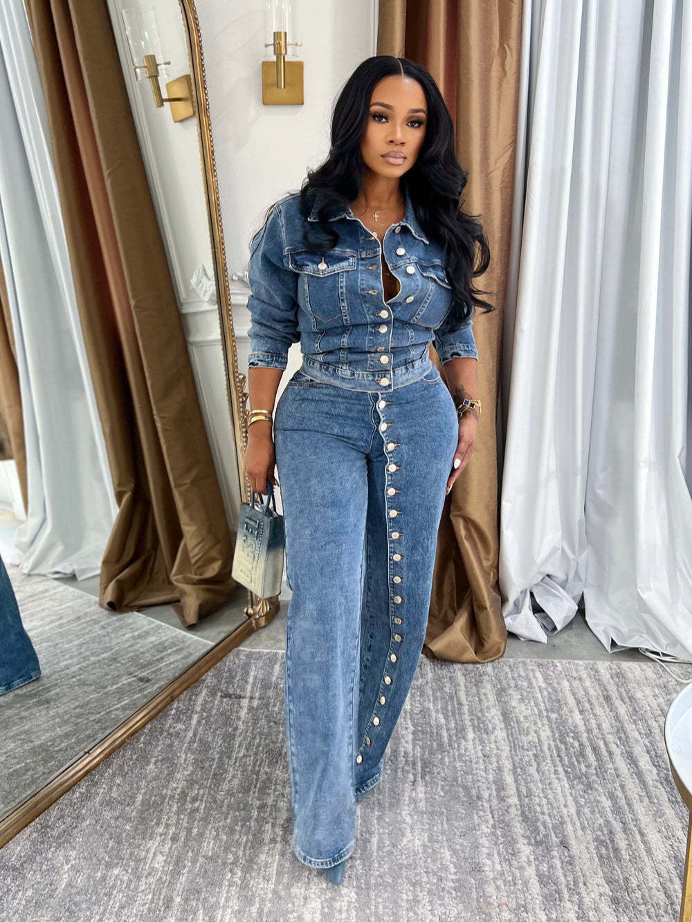 Multi-button straight-leg high-waisted jeans