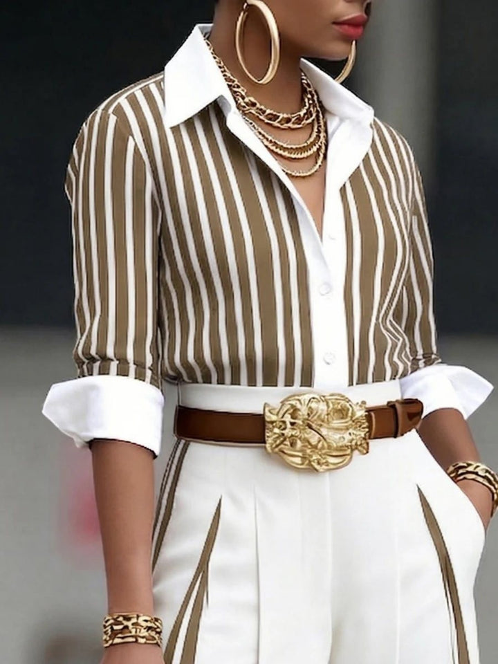 Casual striped shirt and slim-fit color-blocked trousers
