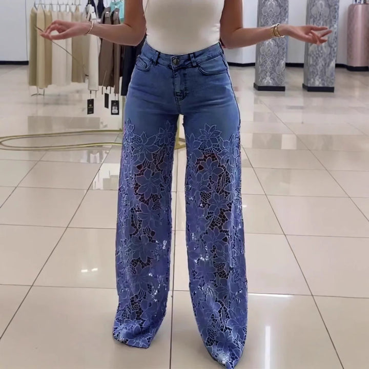 Denim jeans with openwork lace trim