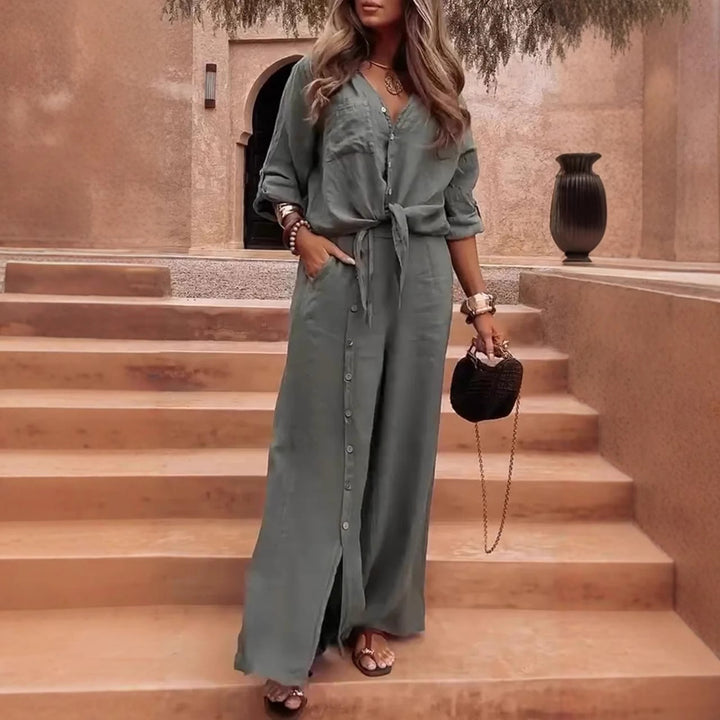 V-neck asymmetrical top and pants two-piece set