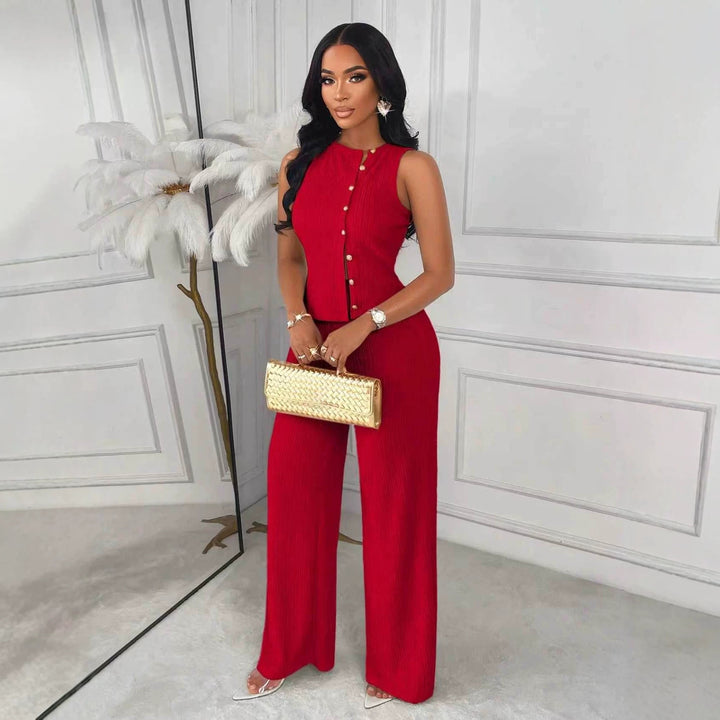 Sleeveless design top and straight-leg pants two-piece set