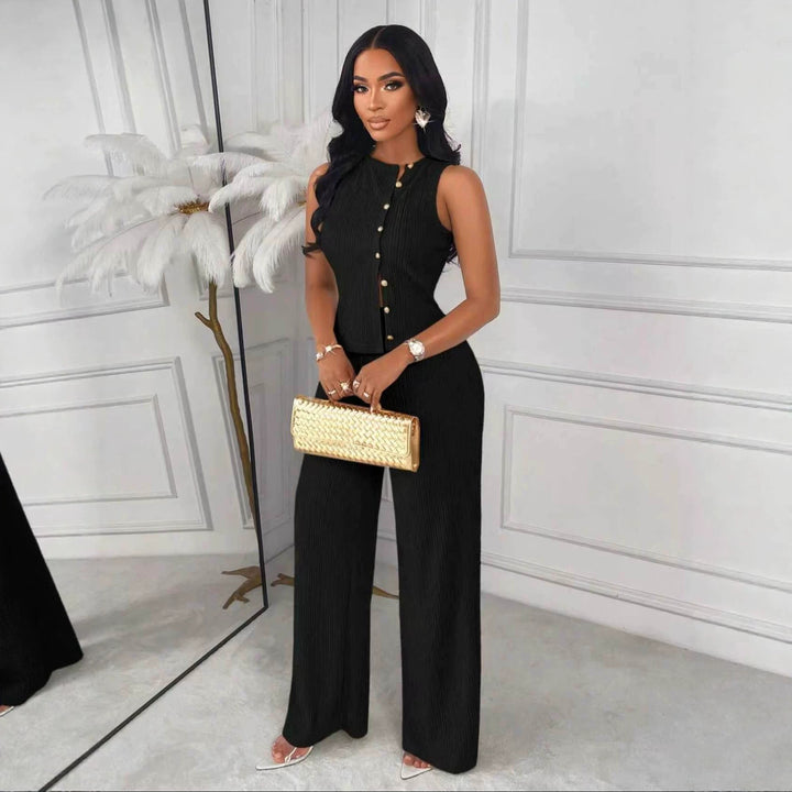 Sleeveless design top and straight-leg pants two-piece set