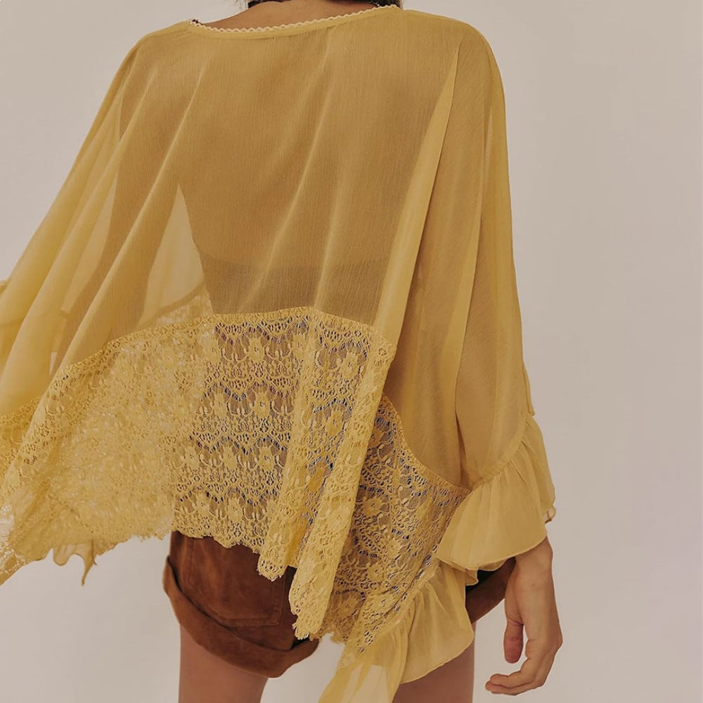 Batwing sleeve mesh and lace cover-up