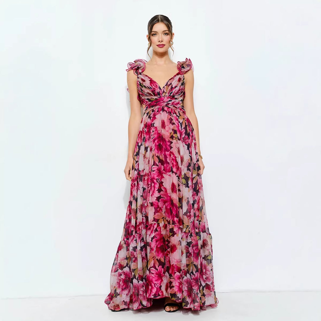 Waist-revealing lace-trimmed fitted long dress