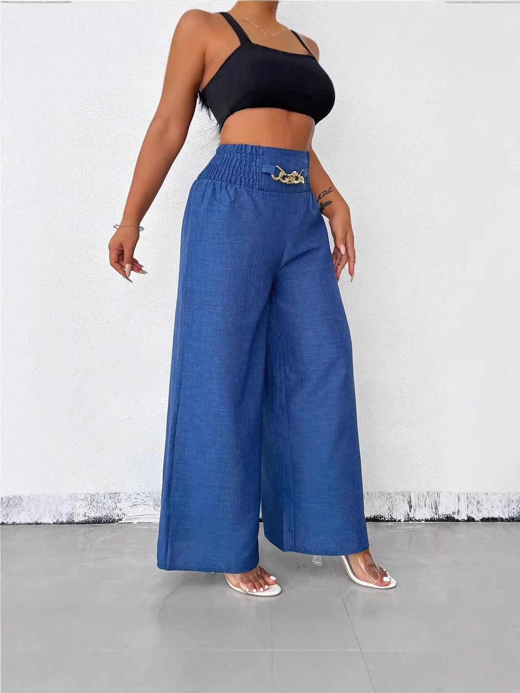Retro High-Waisted Elastic Wide-Leg Trousers