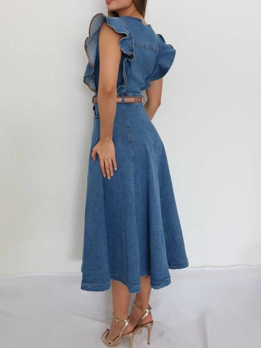Cinched waist, ruffled sleeves, button-down denim skirt