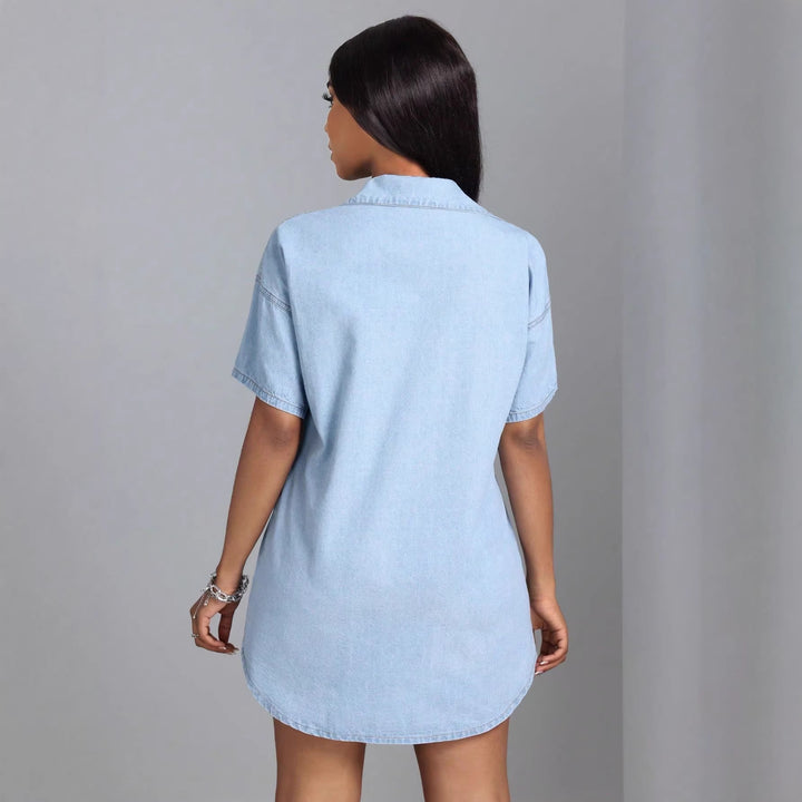 Collared short-sleeved loose denim shirt