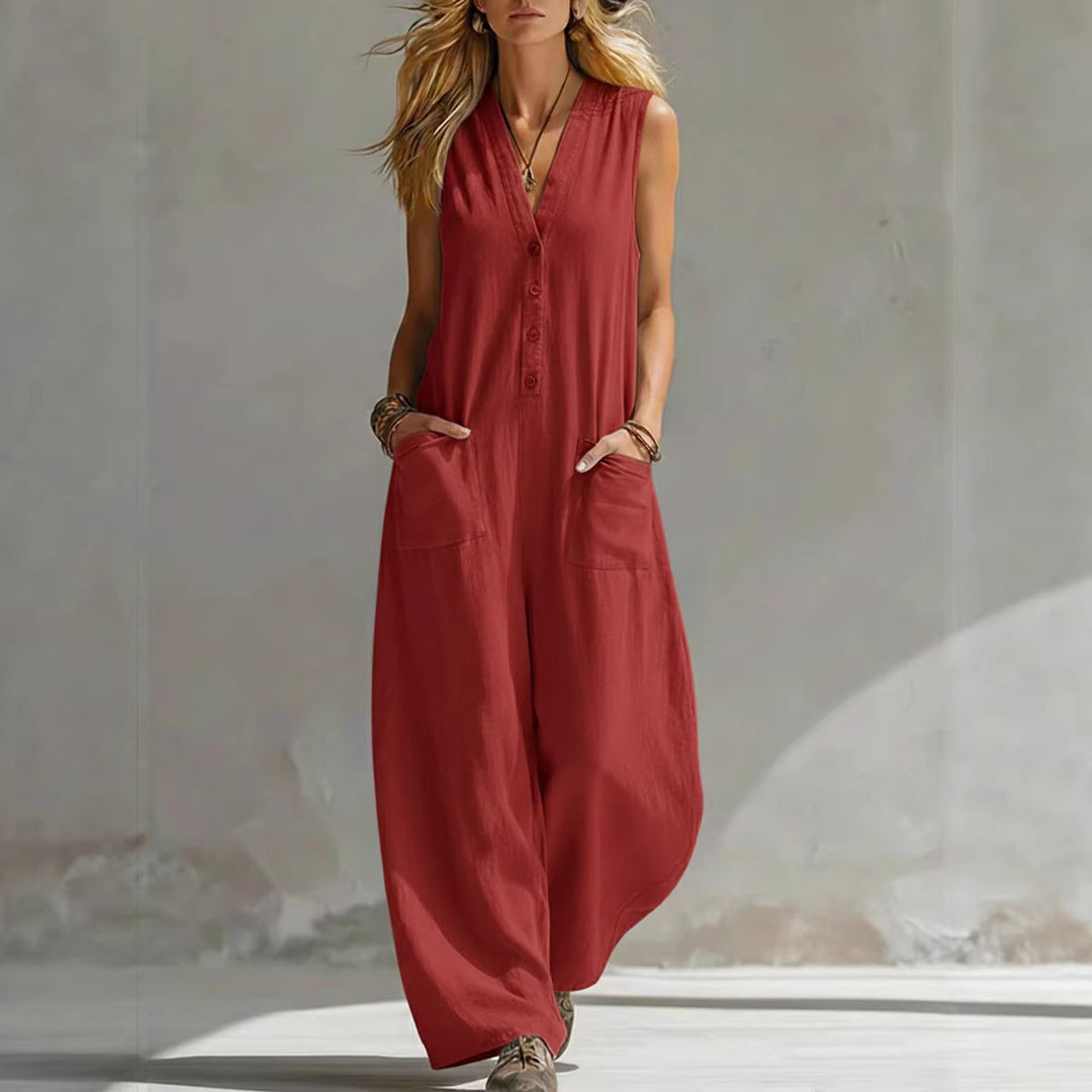 Double-pocket casual linen cotton sleeveless jumpsuit