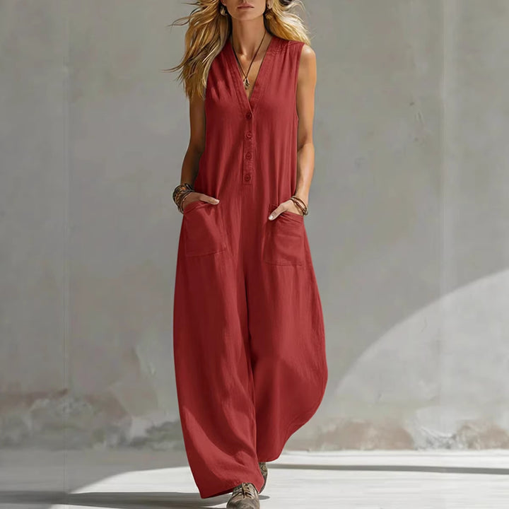 Double-pocket casual linen cotton sleeveless jumpsuit