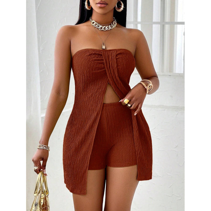 Solid color strapless top and shorts set