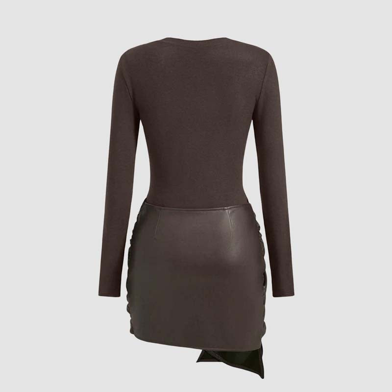 Solid color leather patchwork tight long-sleeved dress