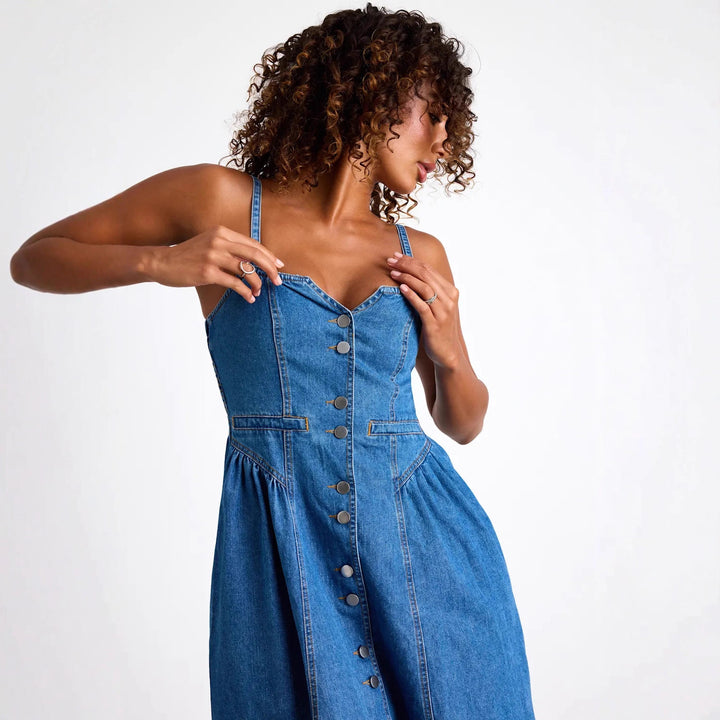 Retro V-neck cardigan denim suspender dress
