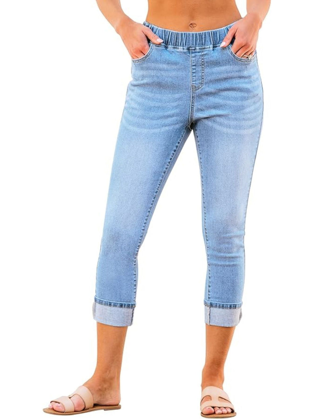 Elastic waist rolled-up cropped jeans