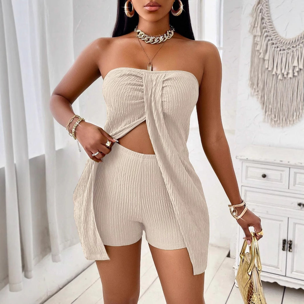Solid color strapless top and shorts set