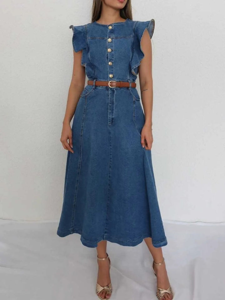 Cinched waist, ruffled sleeves, button-down denim skirt