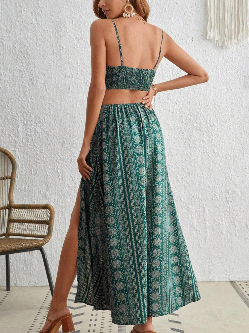 Printed backless halter-neck slit resort dress